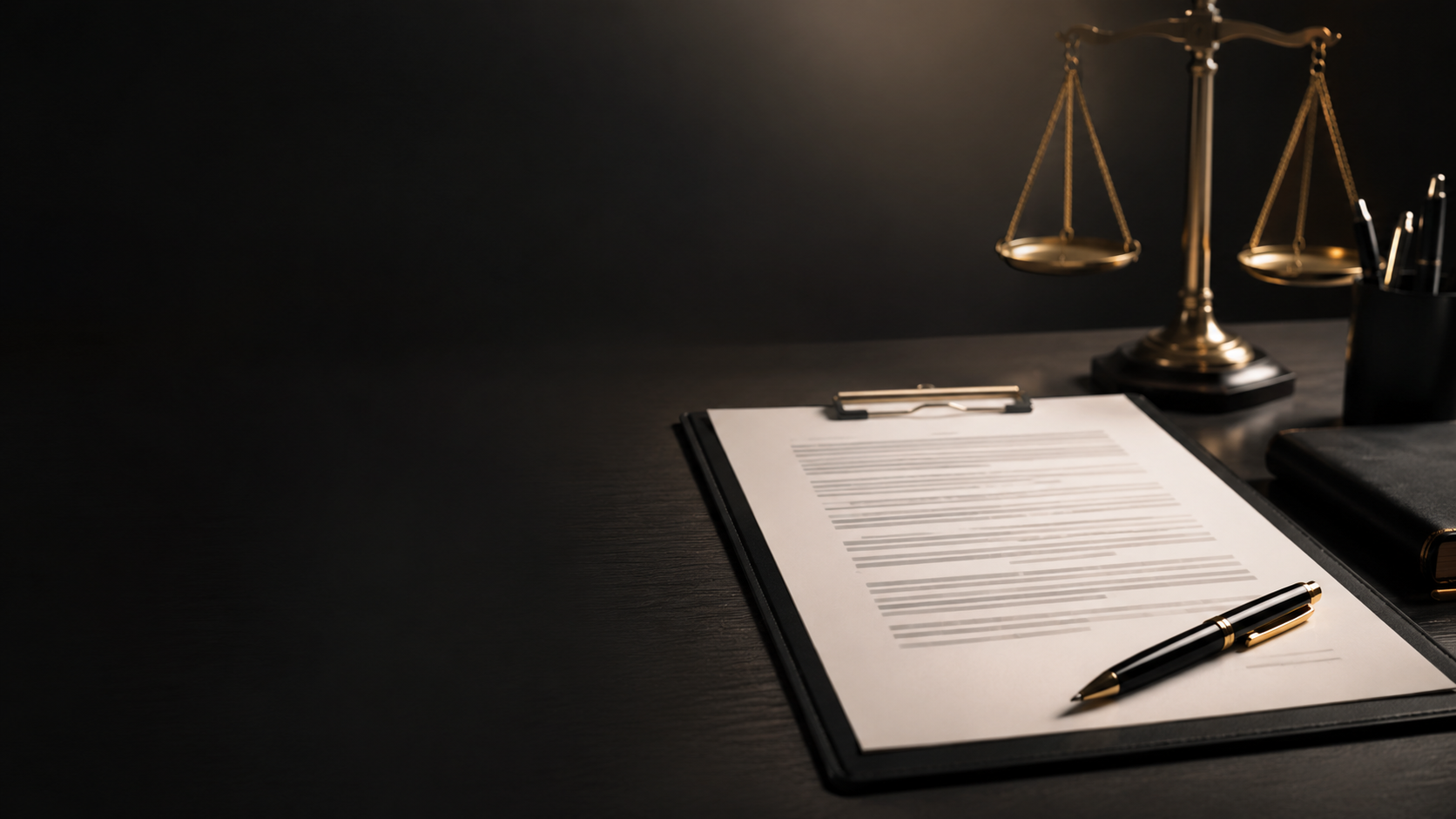 Documento contratual genérico sobre mesa de escritório, acompanhado de caneta e balança da Justiça ao fundo, representando a análise jurídica da rescisão indireta.